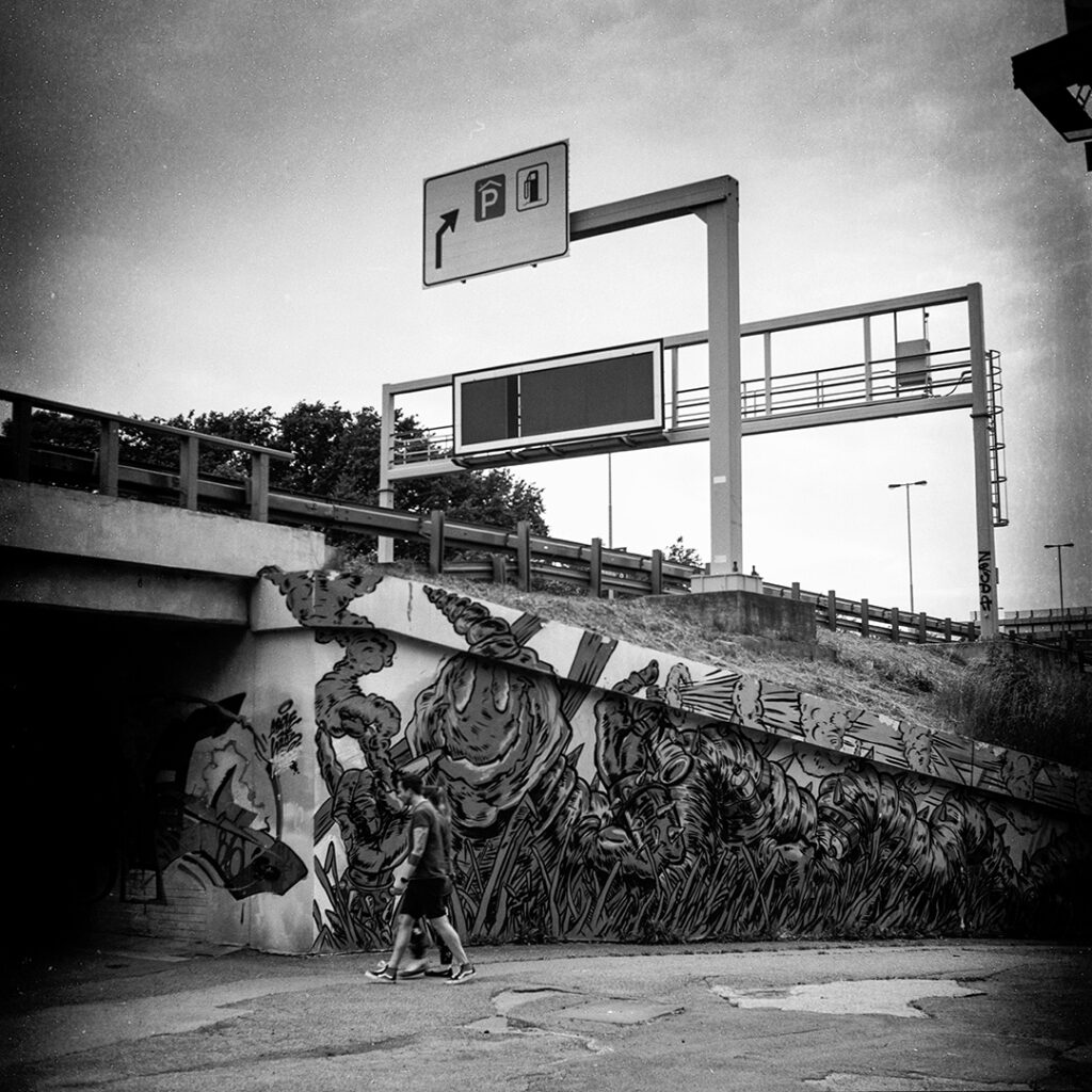 Analogová fotografie pořízená fotoaparátem Yashica mat 124g, 6x6, grafity v Praze, místa mého města