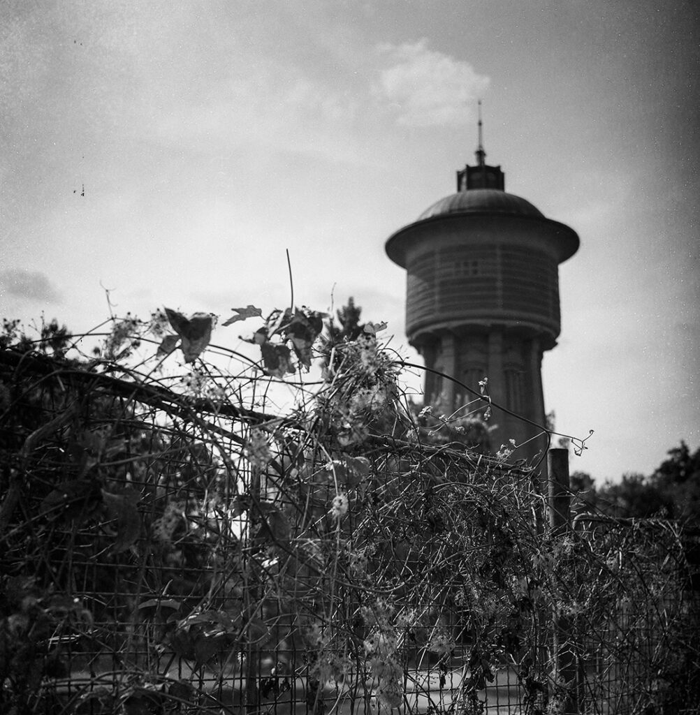 Analogová fotografie pořízená fotoaparátem Yashica mat 124g, 6x6, vodárenská věž Zelená liška, místa mého města