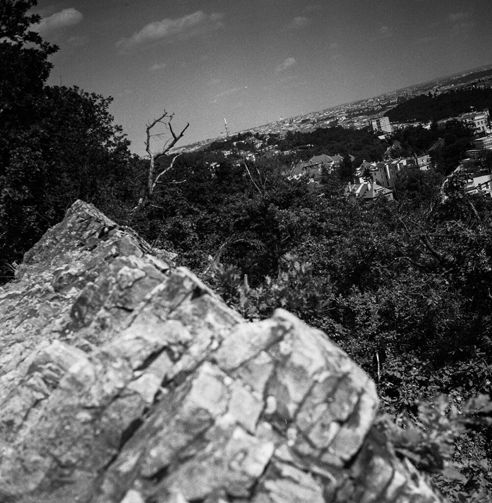 Analogová fotografie pořízená fotoaparátem Yashica mat 124g, 6x6, výhled na Prahu nad Klamovkou, místa mého města