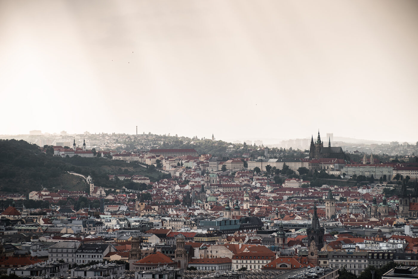 Meziměstská telegrafní a telefonní ústředna Žižkov.
Výhled z Městské telefonní ústředny ve Fibichově ulici. Praha v dešti.